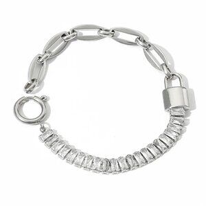 NWT Lock Charm Bracelet 14K White Gold Plated CZ Links 7”